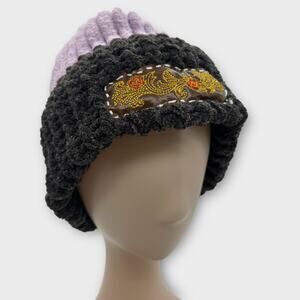 Chunky Chenille Knit Bohemian Embroidered Logo Ski Cap Beanie Hat Purple Large